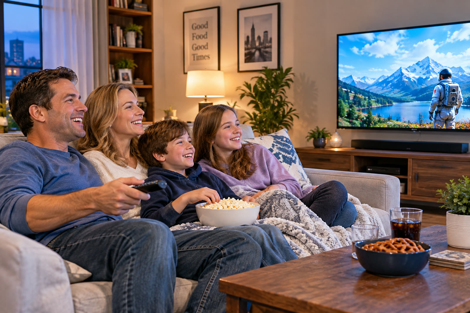 Family enjoying a premium streaming experience together at home