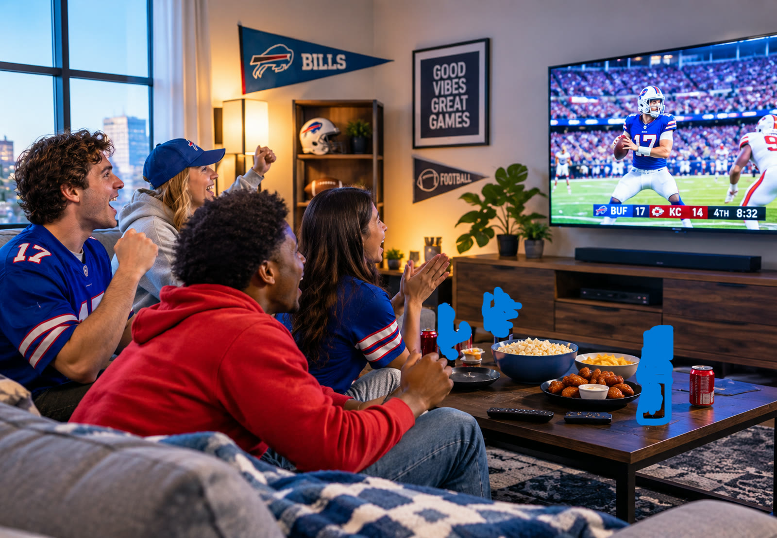 Friends cheering together while watching a live football game on TV